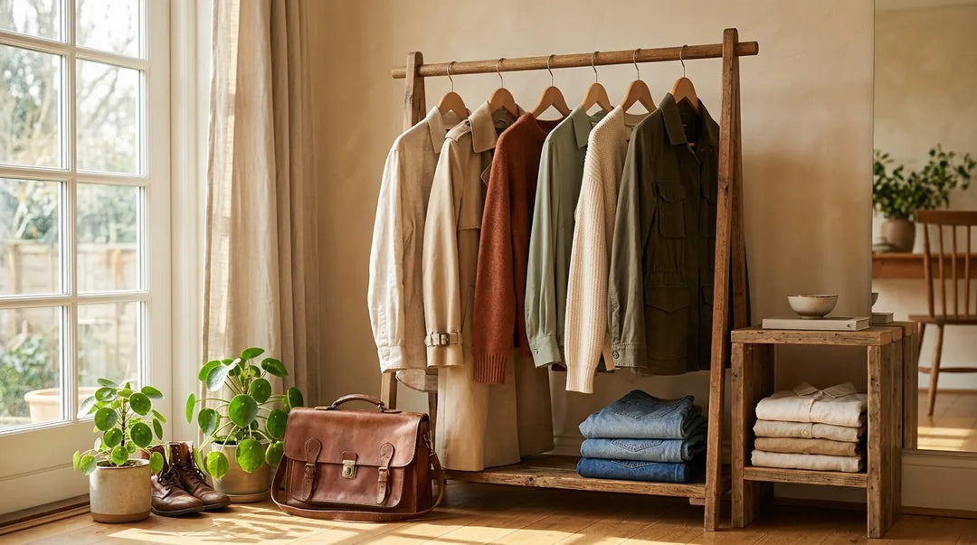 Wooden clothing rack with neutral-toned garments, shelf with folded items, potted plant, leather bag