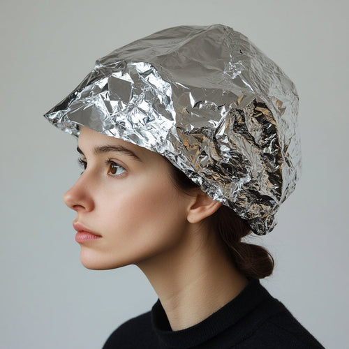Woman wearing crumpled silver tinfoil hat against neutral background