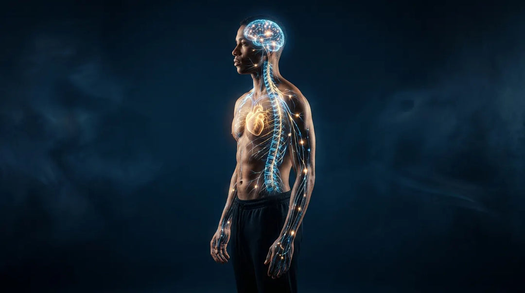 Human silhouette with glowing bioelectric nervous system pathways against dark moody background