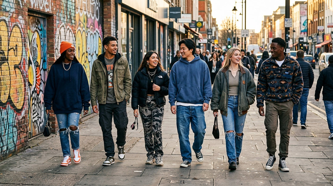 Group of six diverse people walking together on urban street with colorful graffiti wall