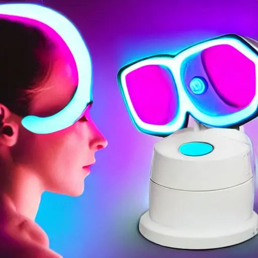 Neon glowing UV light therapy goggles with cyan and magenta LED lighting