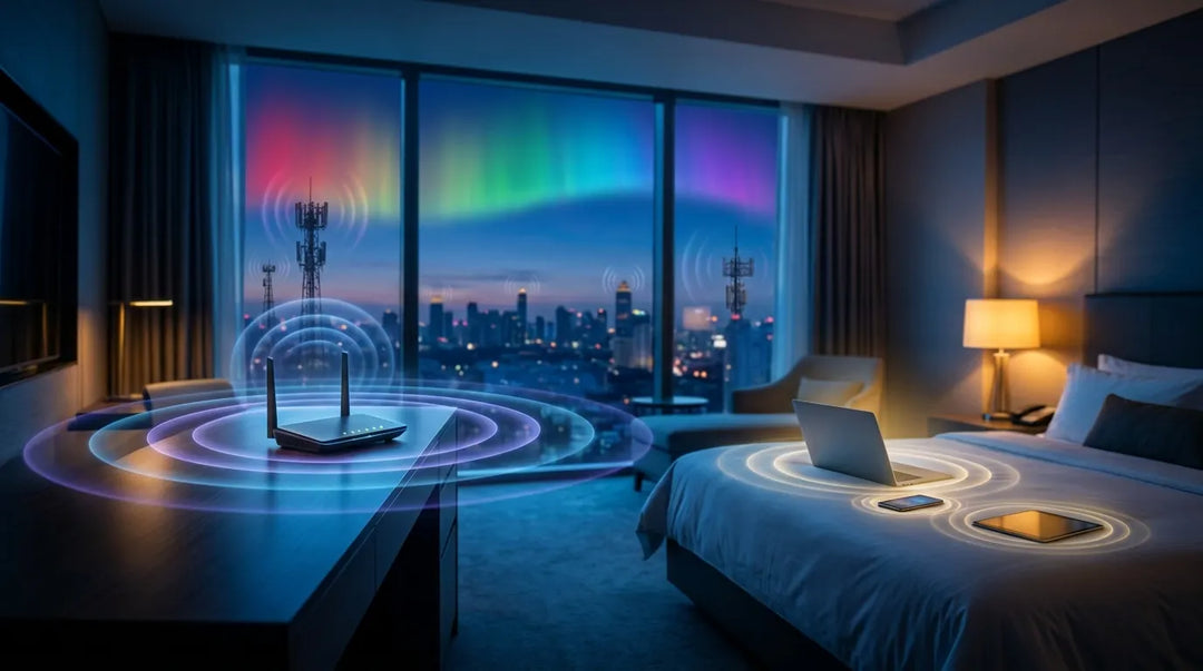 Hotel room at night with glowing Wi-Fi router emitting visible electromagnetic wave ripples, moody atmosphere