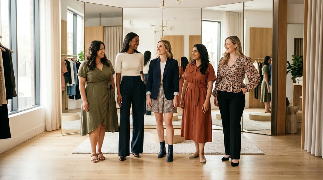 Diverse women with different body shapes wearing flattering outfits in bright boutique