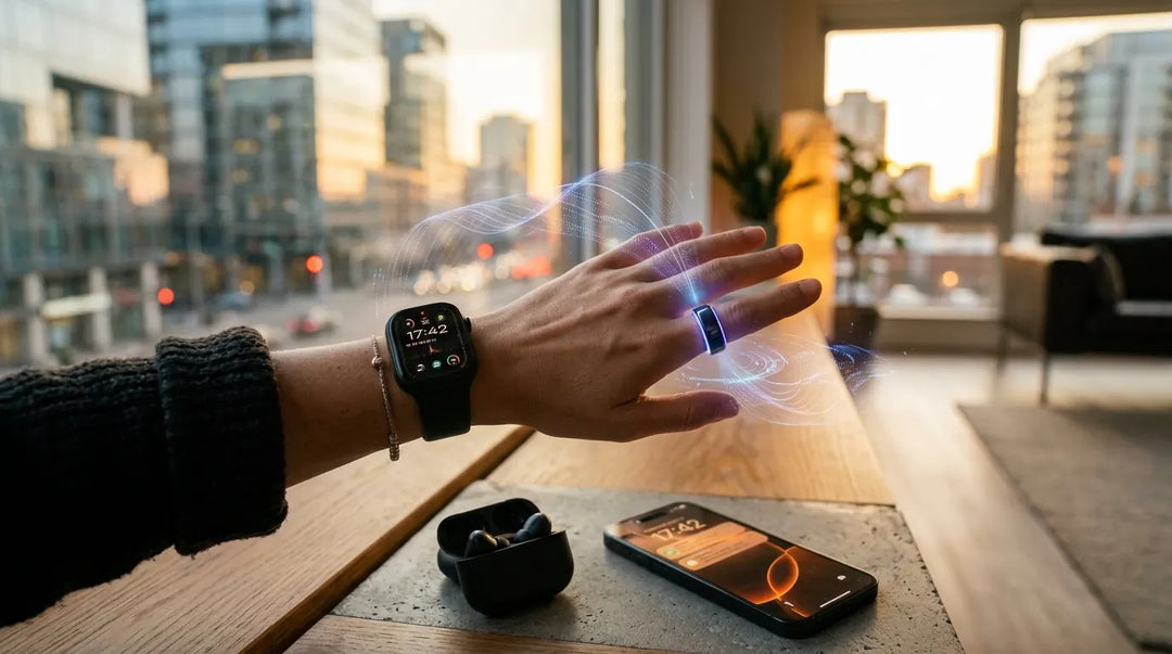 Hand wearing smartwatch and smart ring with subtle glowing electromagnetic waves radiating outward, futuristic mood