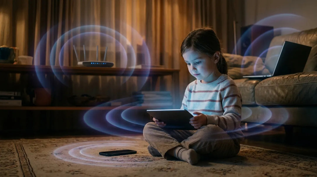 Young child surrounded by glowing wireless devices in dim room, contemplative mood