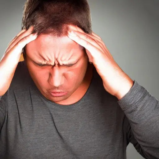 Man in gray shirt holding head with both hands showing headache pain