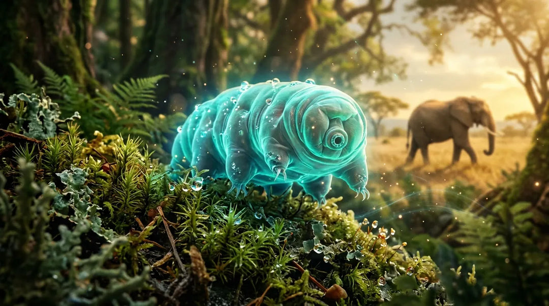 Glowing turquoise tardigrade on moss surrounded by forest vegetation and elephant in background