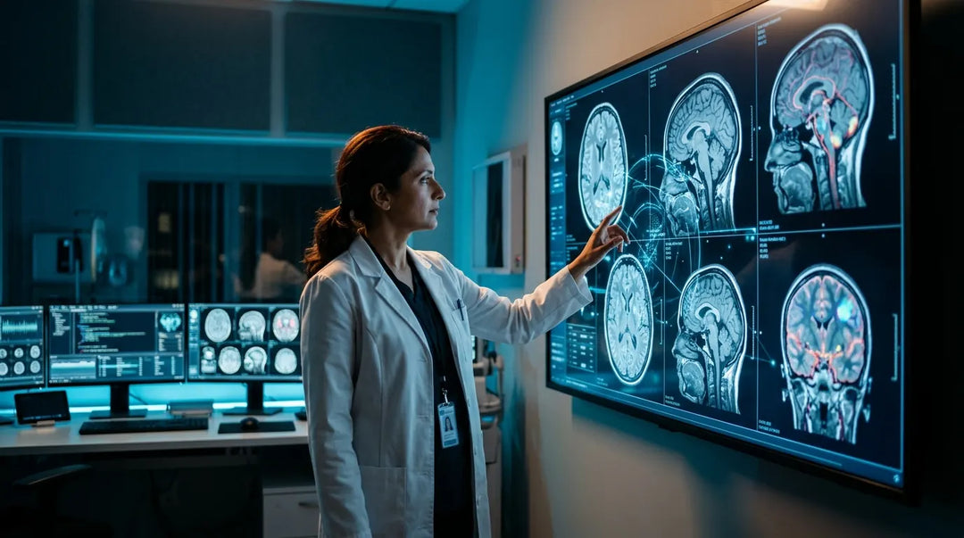 Doctor reviewing illuminated brain MRI scans on large display in modern radiology suite with blue ambient lighting