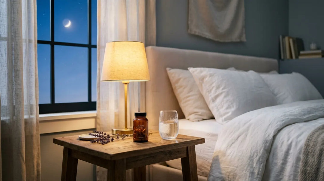 Tranquil bedroom nightstand with supplement bottle, water glass, and lavender at twilight