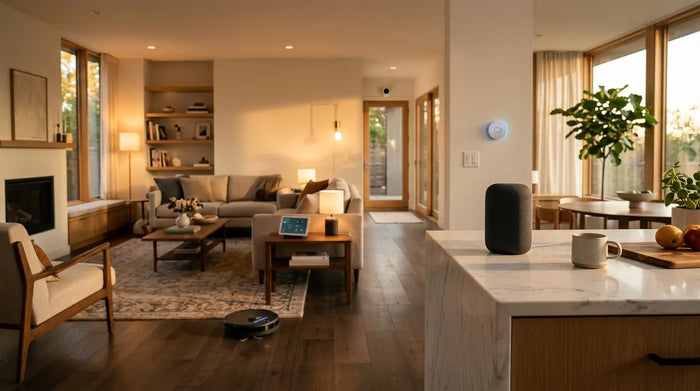 Modern living room filled with smart home devices in warm ambient lighting