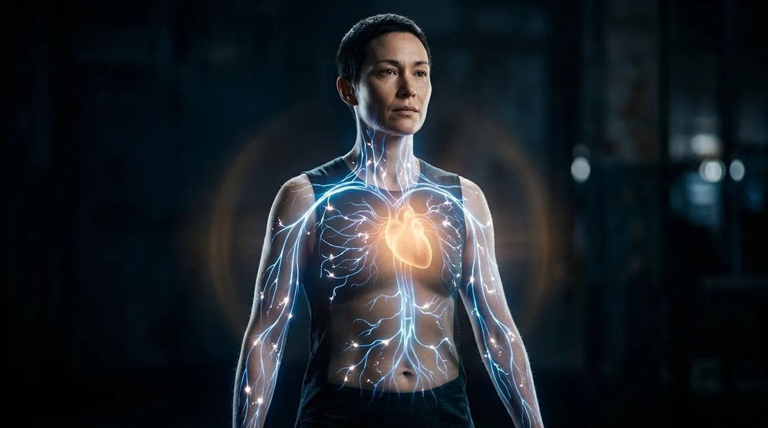 Human figure with glowing blue neural pathways and electrical impulses beneath translucent skin, dramatic dark lighting