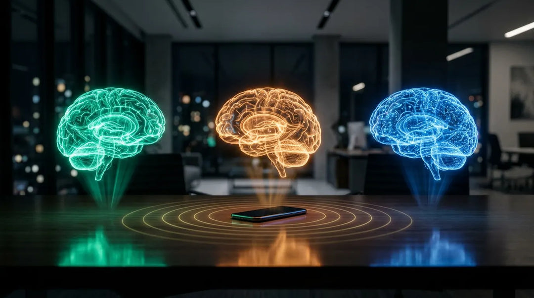 Three colorful holographic AI brains floating above desk with smartphone emitting electromagnetic waves