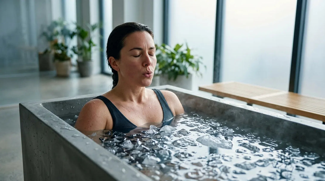 Person immersed in icy cold plunge tub with floating ice, focused and calm