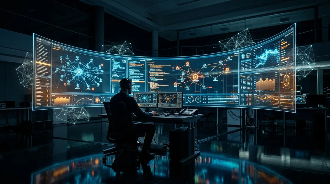 Analyst silhouetted against glowing cybersecurity command center displays in dark futuristic room