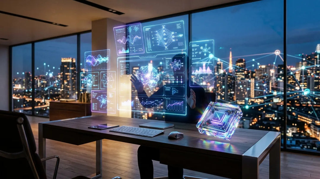 Futuristic workspace with holographic displays and smart city skyline at twilight, innovative mood