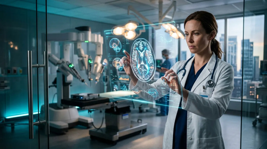 Doctor interacting with holographic medical diagnostic display in futuristic hospital setting