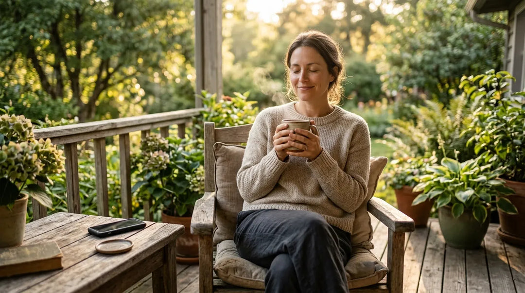 Person relaxing on sunlit porch with tea, phone abandoned face-down nearby, serene mood