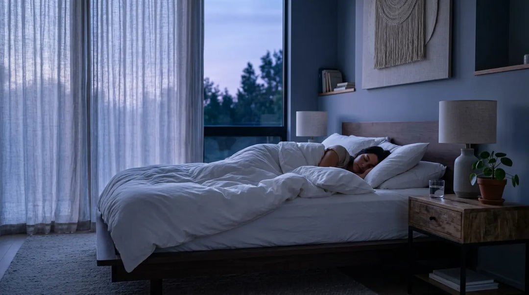 Two people sleeping peacefully in bed with white pillows and bedding in modern bedroom