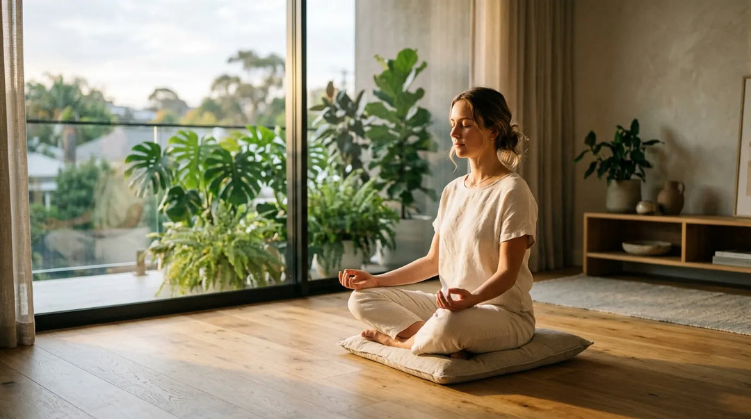 Serene person meditating cross-legged in sunlit modern living room, peaceful morning atmosphere