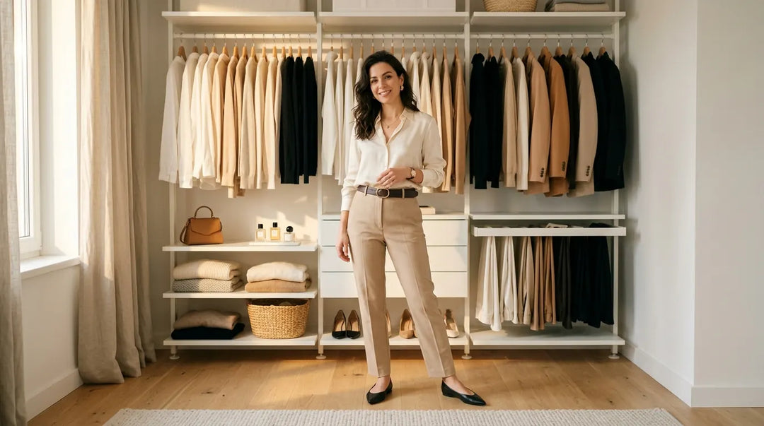 Stylish woman in curated outfit standing in sunlit organized minimalist closet