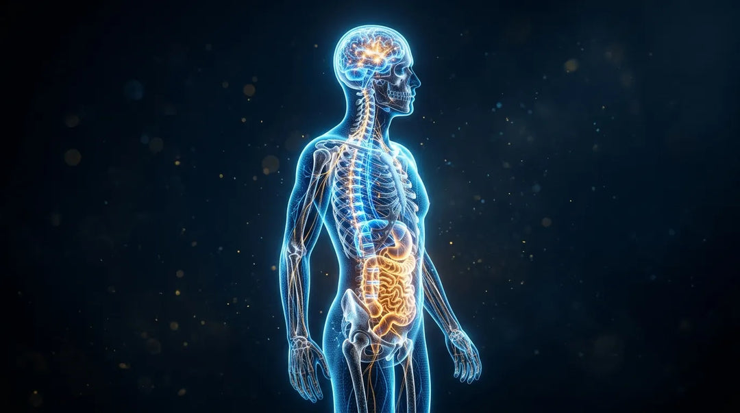 Glowing translucent human body revealing electrical neural pathways and luminous gut nervous system against dark background