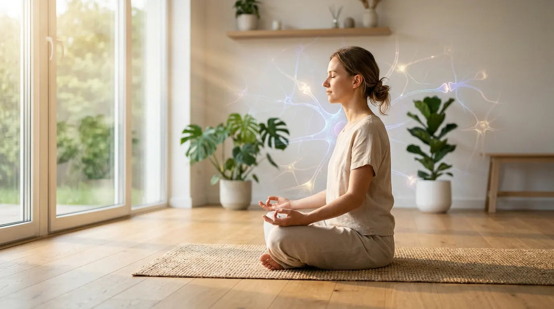 Person meditating in sunlit modern room with subtle neural pathway visualizations, calm contemplative mood