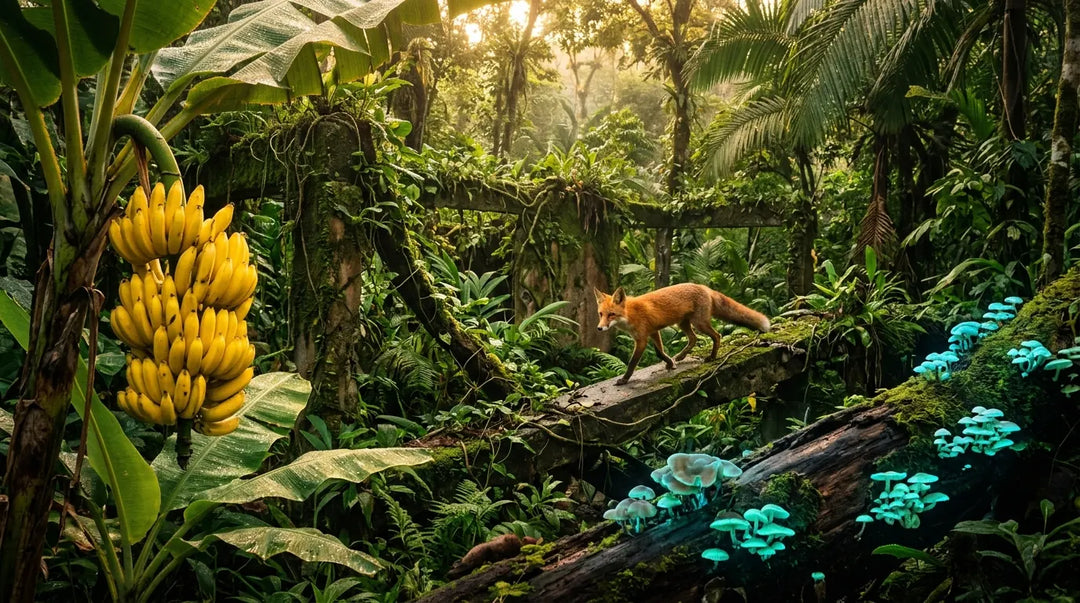 Lush jungle clearing with bananas, fox in mossy ruins, and glowing fungi evoking nature's strange wonders