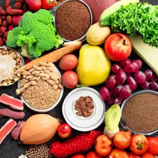 Overhead view of protein-rich foods including broccoli, nuts, seeds, legumes, fruits, vegetables arranged on dark surface