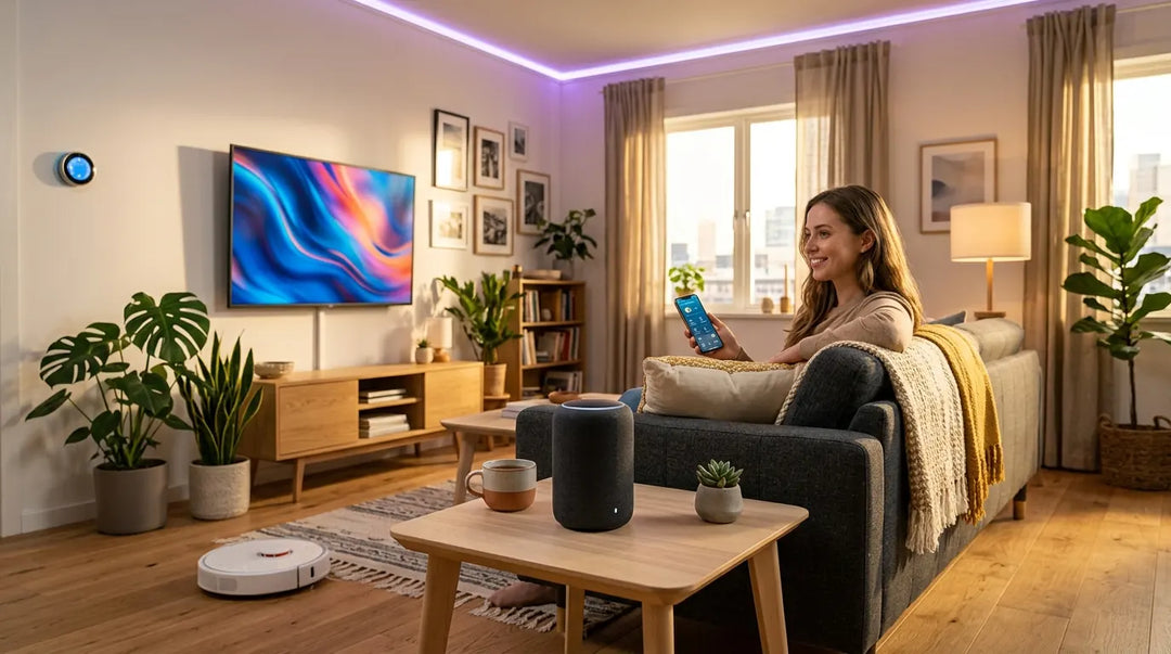 Modern living room with smart speaker, robot vacuum, and ambient smart lighting at golden hour