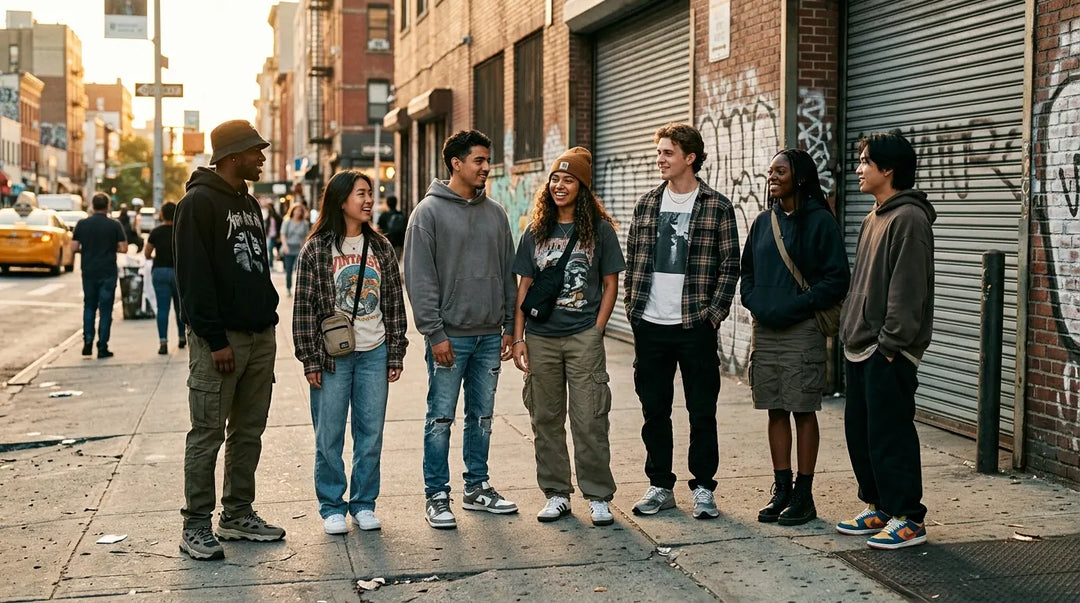 Group of seven diverse young people standing together on urban city street wearing casual streetwear