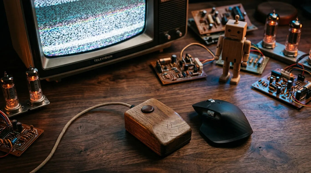 Vintage wooden computer mouse among retro tech artifacts on dark desk, warm moody lighting