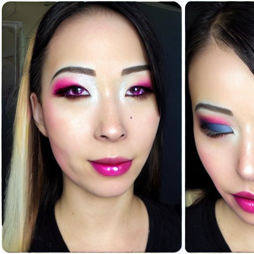 Woman wearing bright pink and blue eyeshadow with matching magenta lipstick