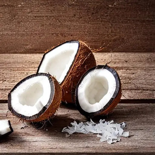 Three halved coconuts with white flesh exposed on wooden surface with shredded coconut