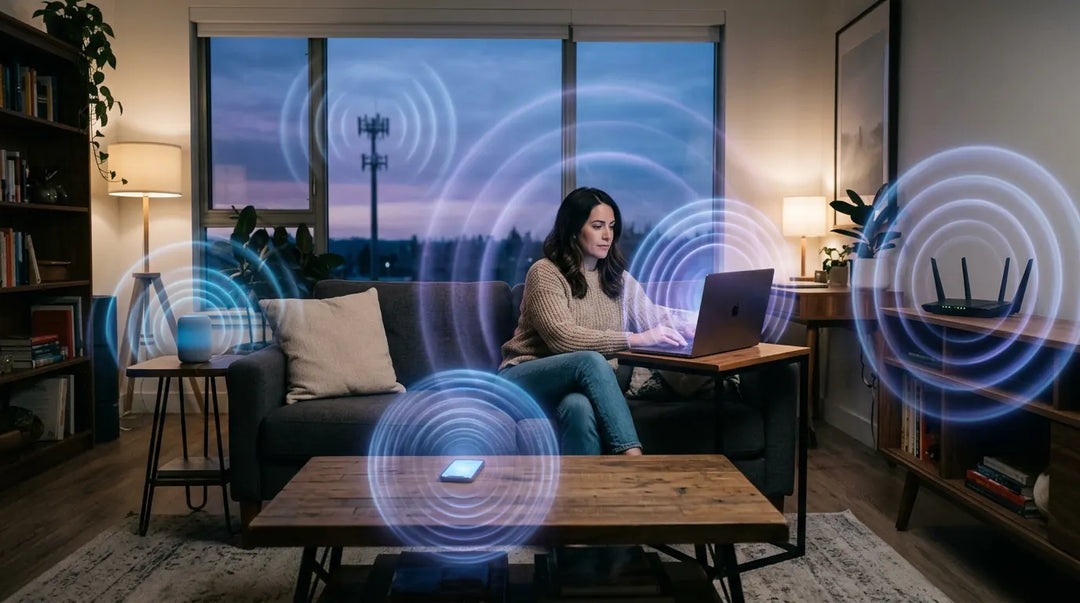 Person surrounded by glowing electromagnetic waves from household devices in modern living room at dusk