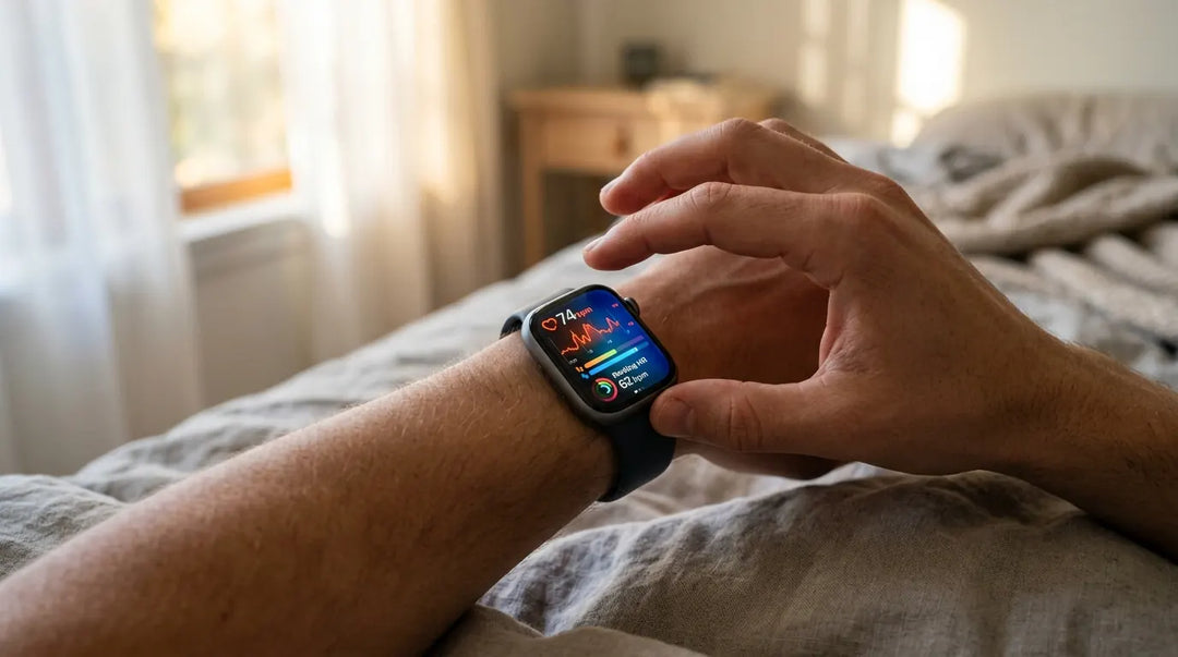 Smartwatch on wrist displaying health metrics in warm morning light, skeptical mood