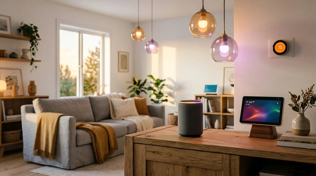 Modern living room with smart speaker, hub, and colorful smart lights at golden hour