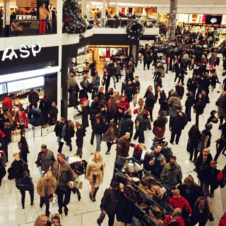Crowded shopping mall floor during Black Friday holiday sales event