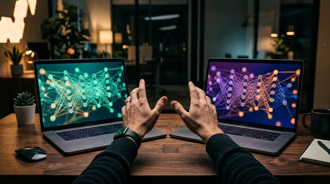 Hands hovering between two glowing laptops displaying competing AI interfaces, contemplative modern workspace