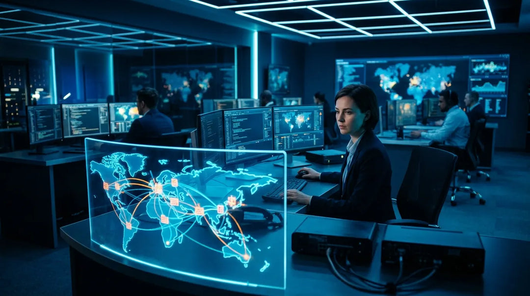 Cybersecurity analyst in glowing blue operations center monitoring threat displays at night