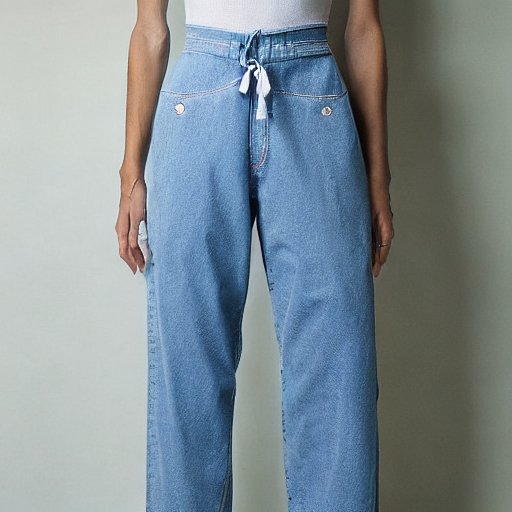 Light blue denim jeans with white drawstring waist and gold buttons on model