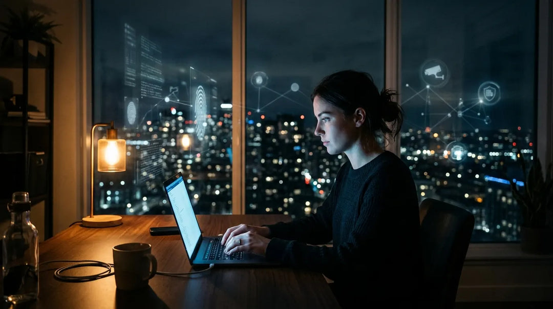 Person at laptop in dark room with digital data reflections on windows, contemplative mood
