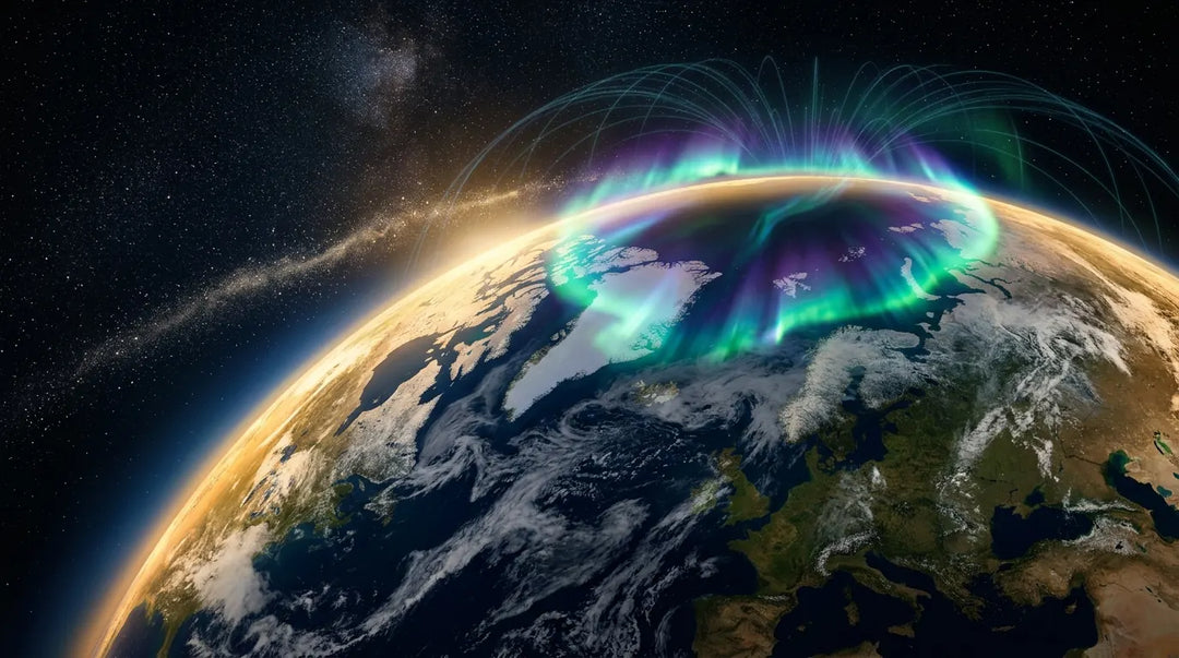 Earth from orbit with aurora borealis, cosmic dust, and glowing atmospheric layers