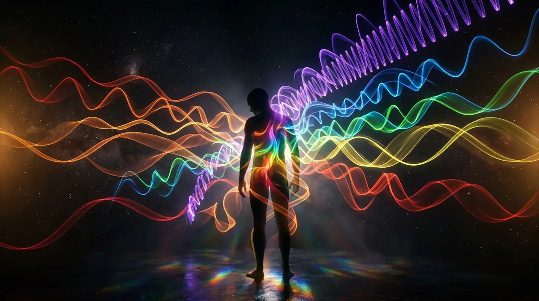 Human silhouette surrounded by colorful electromagnetic waves passing through their body in dark cosmic space