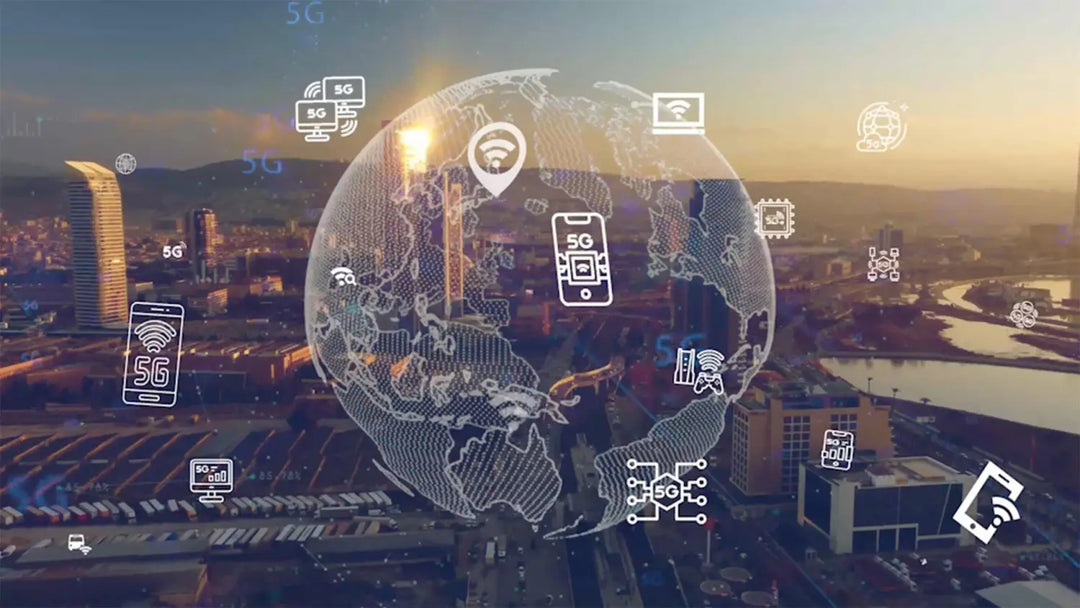 Globe with 5G network icons and connectivity symbols overlaid on cityscape