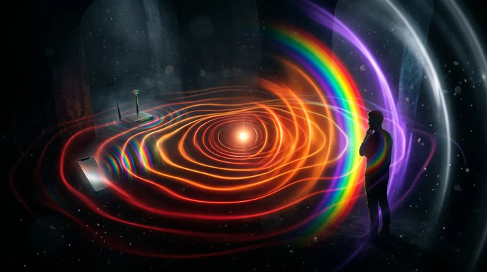 Colorful electromagnetic spectrum waves radiating through dark space past everyday devices, dramatic and luminous