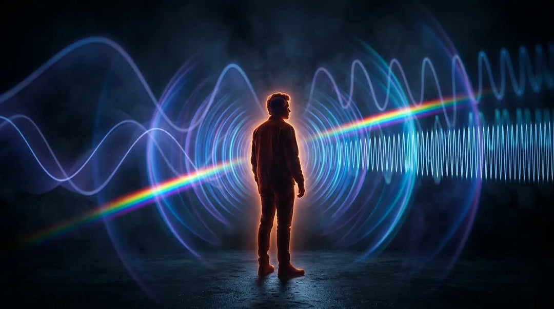 Glowing human silhouette radiating colorful electromagnetic waves in a dark cinematic setting