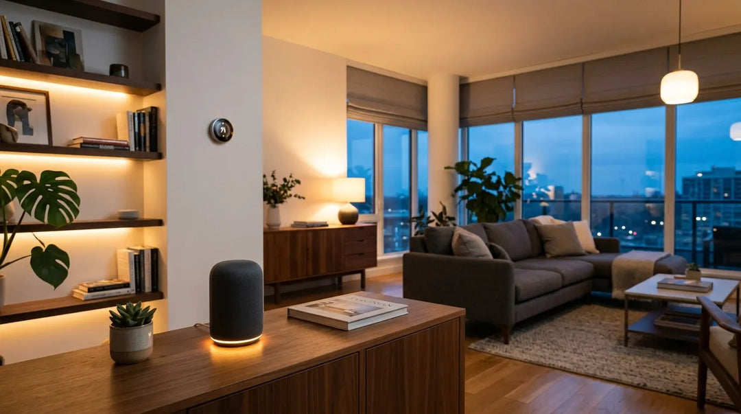 Modern living room at twilight with smart speaker, automated blinds, and connected devices glowing warmly