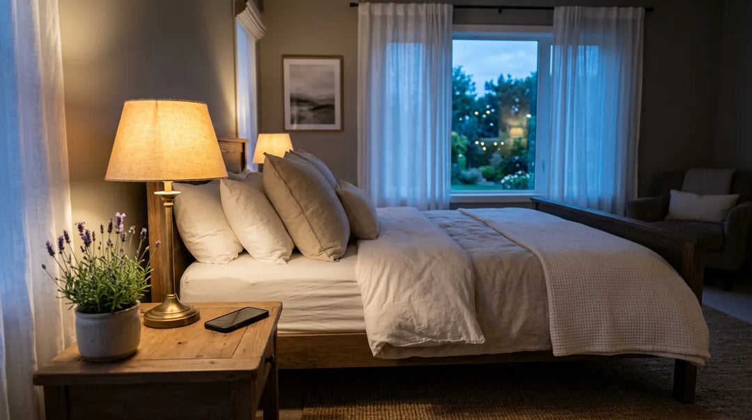 Tranquil bedroom at twilight with warm lamplight, white linens, and calming atmosphere