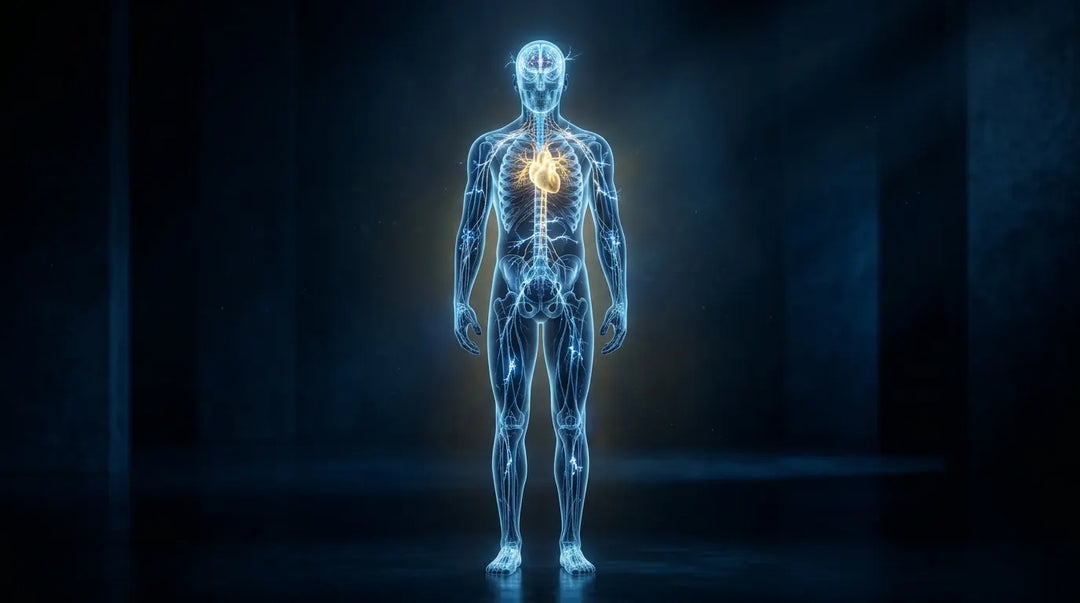 Translucent human figure with glowing neural pathways and electrical impulses, dark cinematic background, scientific wonder m