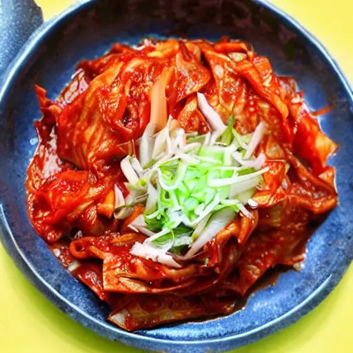 Spicy red kimchi in blue bowl topped with fresh green onion sprouts